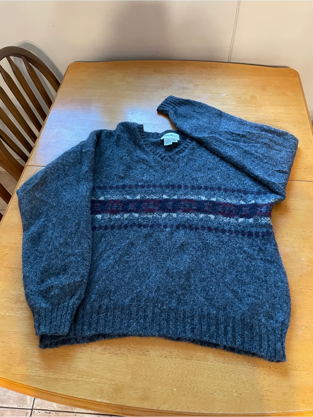 Vtg 90's Eddie Bauer Men's Gray Wool Knit Nordic Fair Isle V Neck Sweater XL